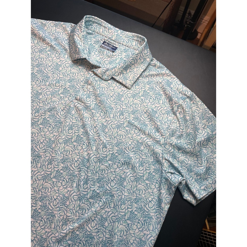 Ben Hogan Polo Shirt Mens 2XL White Teal Excellent Tropical Monstera Leaf Print